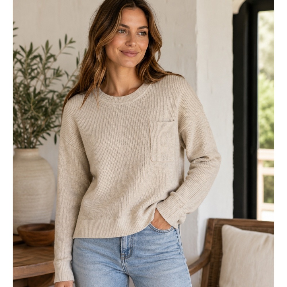 Madewell Ribbed Pocket Sweater Womens XL Beige Cotton Pullover Coastal Fisherman